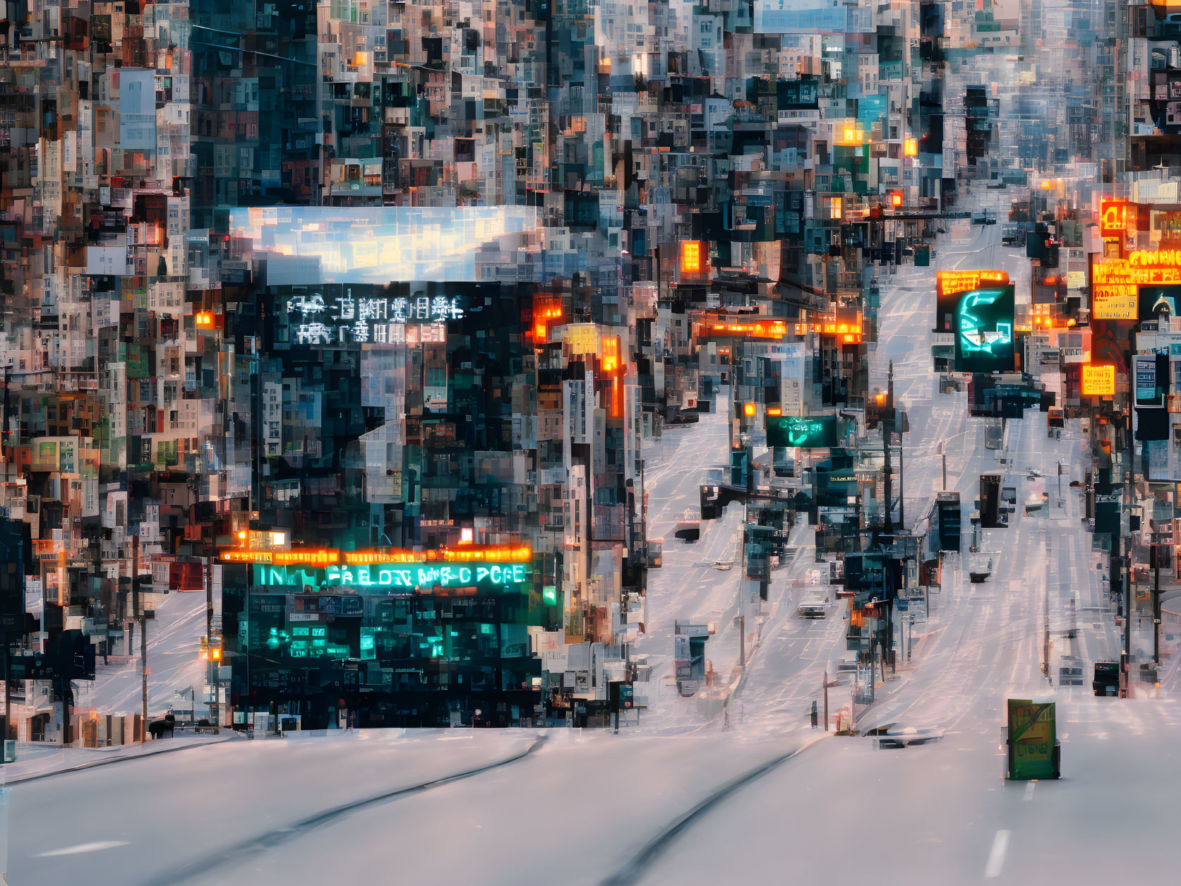 An AI-generated image of a tram in a city street